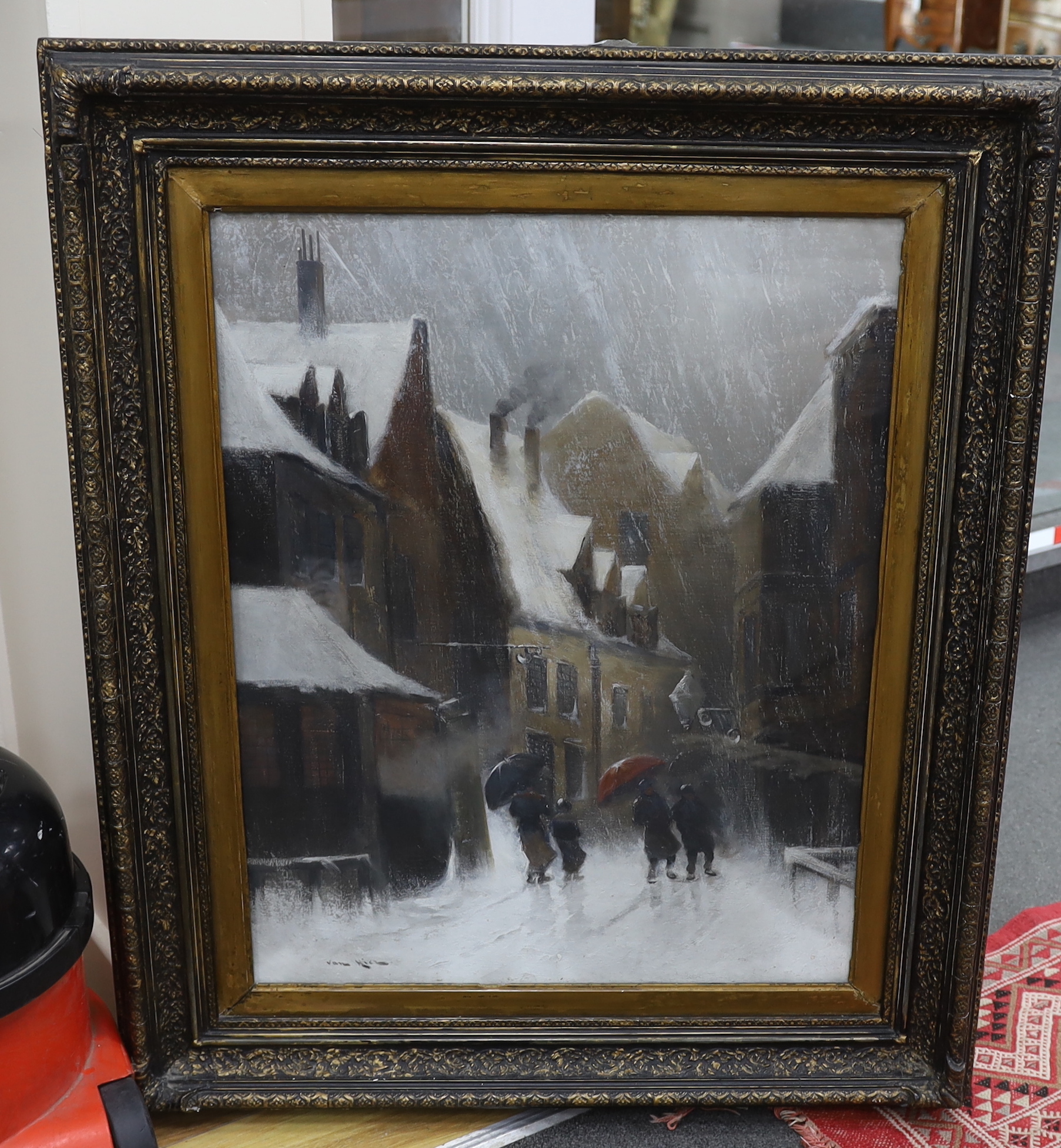 Van Heinz (Dutch, 19th/20th. C), oil on canvas, Winter street scene with figures, signed, 69 x 55cm